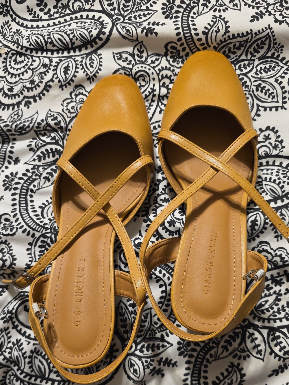 Qishengniuxie Mustard Yellow Crisscross Slingback Flats Womens Size 37 New - Picture 6 of 6